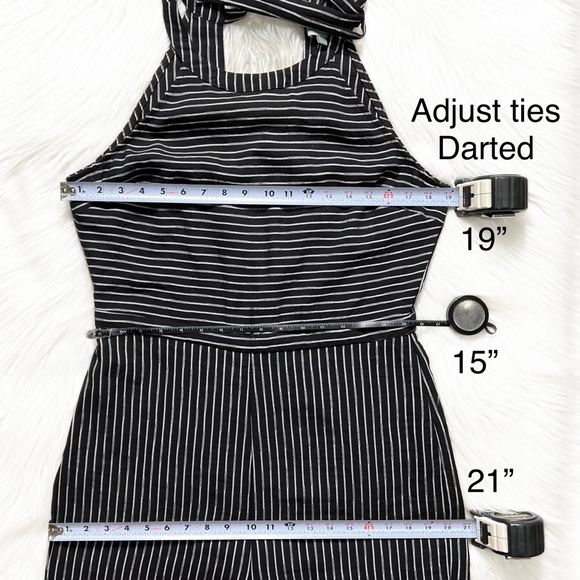 Skies Are Blue Tie Back Black White Striped Pinafore Flare Leg Cropped Jumpsuit - Picture 15 of 16